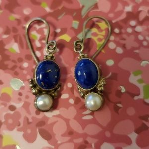 Sterling Lapis & Pearl Earrings